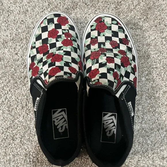 Checkered Slip-On Vans with Red Rose Design - Picture 2 of 7
